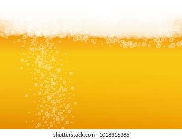 Beer fest background and realistic bubbles.  Cool liquid drink for pub and bar menu design, banners and flyers.  Yellow horizontal beer fest background in foam. Cold glass of ale for brewery design.