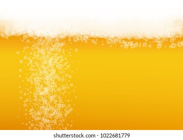 Beer fest background and realistic bubbles.  Cool liquid drink for pub and bar menu design, banners and flyers.  Yellow horizontal beer fest background in foam. Cold glass of ale for brewery design.