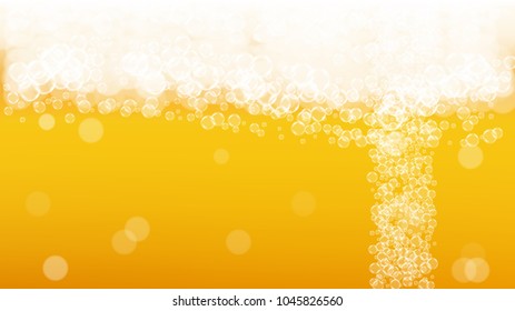 Beer fest background and realistic bubbles.  Cool liquid drink for pub and bar menu design, banners and flyers.  Yellow horizontal beer fest background in foam. Fresh cup of lager for brewery design.