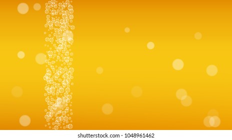 Beer fest background and realistic bubbles.  Cool liquid drink for pub and bar menu design, banners and flyers.  Yellow horizontal beer fest background in foam. Fresh cup of lager for brewery design.