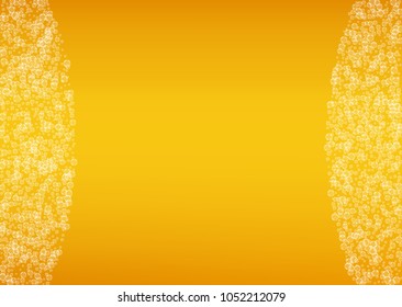 Beer fest background and realistic bubbles.  Cool beverage for restaurant menu design, banners and flyers.  Yellow horizontal beer fest background in foam. Fresh cup of lager for brewery design.
