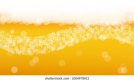 Beer fest background with realistic bubbles.  Cool liquid drink for pub and bar menu design, banners and flyers.  Yellow horizontal beer fest background in foam. Fresh cup of lager for brewery design.