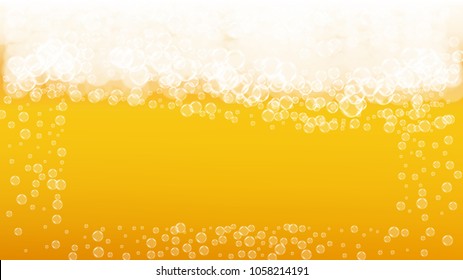 Beer fest background and realistic bubbles.  Cool beverage for restaurant menu design, banners and flyers.  Yellow horizontal beer fest background in foam. Cold pint of golden lager or ale.
