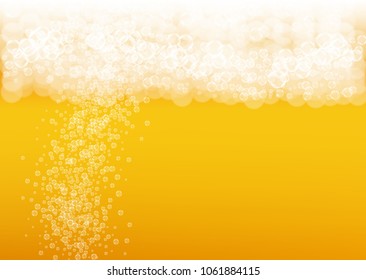 Beer fest background with realistic bubbles.  Cool beverage for restaurant menu design, banners and flyers.  Yellow horizontal beer fest background in foam. Cold pint of golden lager or ale.