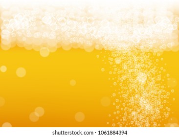 Beer fest background and realistic bubbles.  Cool liquid drink for pub and bar menu design, banners and flyers.  Yellow horizontal beer fest background in foam. Cold glass of ale for brewery design.