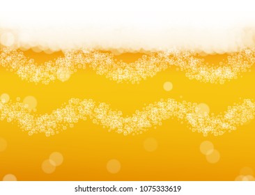 Beer fest background with realistic bubbles.  Cool liquid drink for pub and bar menu design, banners and flyers.  Yellow horizontal beer fest background in foam. Fresh cup of lager for brewery design.