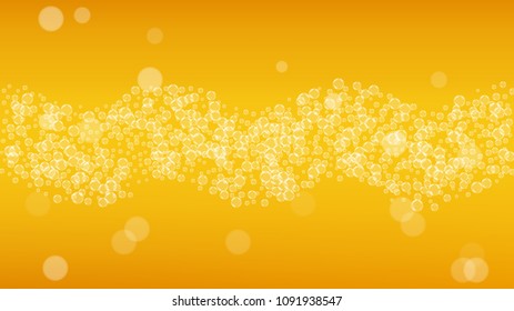 Beer fest background and realistic bubbles.  Cool liquid drink for pub and bar menu design, banners and flyers.  Yellow horizontal beer fest background in foam. Cold pint of golden lager or ale.