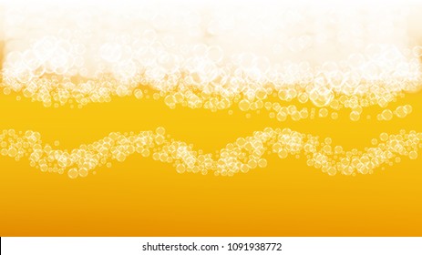 Beer fest background with realistic bubbles.  Cool beverage for restaurant menu design, banners and flyers.  Yellow horizontal beer fest background in foam. Cold glass of ale for brewery design.