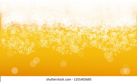 Beer fest background with realistic bubbles.  Cool liquid drink for pub and bar menu design, banners and flyers.  Yellow horizontal beer fest background in foam. Fresh cup of lager for brewery design.