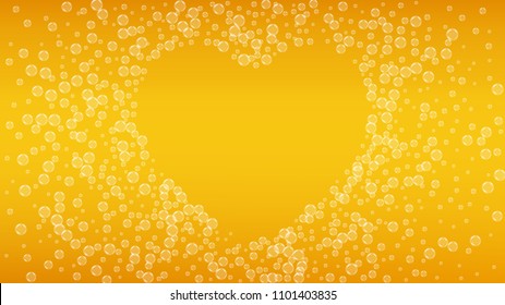 Beer fest background and realistic bubbles.  Cool liquid drink for pub and bar menu design, banners and flyers.  Yellow horizontal beer fest background in foam. Cold pint of golden lager or ale.