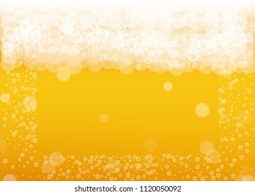 Beer fest background with realistic bubbles.  Cool liquid drink for pub and bar menu design, banners and flyers.  Yellow horizontal beer fest background in foam. Cold glass of ale for brewery design.