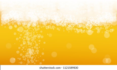 Beer fest background with realistic bubbles.  Cool liquid drink for pub and bar menu design, banners and flyers.  Yellow horizontal beer fest background in foam. Cold glass of ale for brewery design.