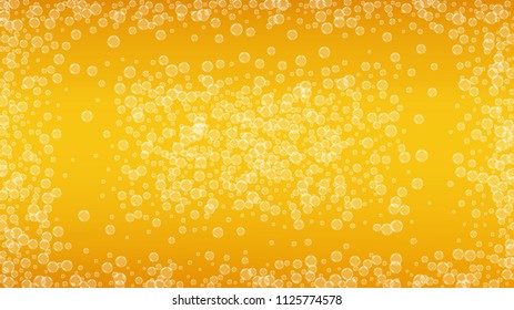 Beer fest background and realistic bubbles.  Cool liquid drink for pub and bar menu design, banners and flyers.  Yellow horizontal beer fest background in foam. Cold glass of ale for brewery design.