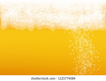 Beer fest background with realistic bubbles.  Cool beverage for restaurant menu design, banners and flyers.  Yellow horizontal beer fest background in foam. Cold pint of golden lager or ale.