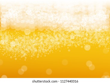 Beer fest background with realistic bubbles.  Cool beverage for restaurant menu design, banners and flyers.  Yellow horizontal beer fest background in foam. Cold glass of ale for brewery design.