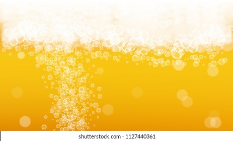 Beer fest background with realistic bubbles.  Cool beverage for restaurant menu design, banners and flyers.  Yellow horizontal beer fest background in foam. Fresh cup of lager for brewery design.