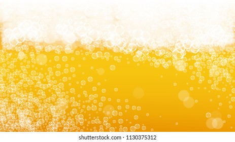 Beer fest background with realistic bubbles.  Cool liquid drink for pub and bar menu design, banners and flyers.  Yellow horizontal beer fest background in foam. Cold glass of ale for brewery design.