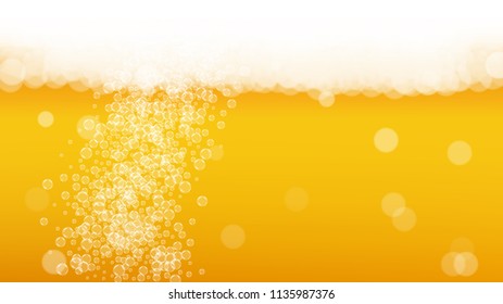Beer fest background with realistic bubbles.  Cool liquid drink for pub and bar menu design, banners and flyers.  Yellow horizontal beer fest background in foam. Fresh cup of lager for brewery design.