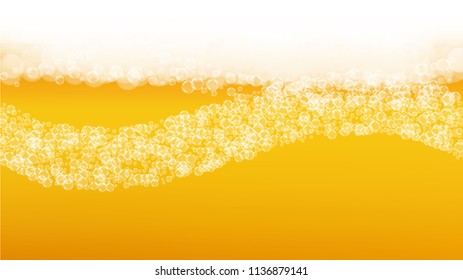 Beer fest background and realistic bubbles.  Cool beverage for restaurant menu design, banners and flyers.  Yellow horizontal beer fest background in foam. Cold glass of ale for brewery design.
