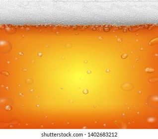 Beer fest background and realistic bubbles. Cold glass of ale or pub drink