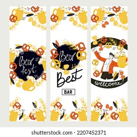 Beer fest banner collection for social media publication, hand drawn doodle style vector illustration. Beer festival or Oktoberfest event promotion kit.