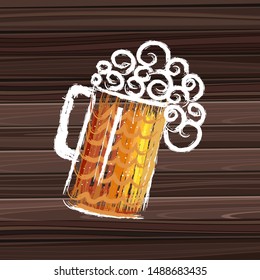 Beer fest banner. Poster with mug of beer, and dark wood on background. Vector illustration.  Bavarian beer festival.