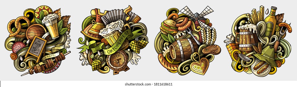 Beer fest cartoon vector doodle designs set. Colorful detailed compositions with lot of Oktoberfest objects and symbols. Isolated on white illustrations. Food and Drink banner