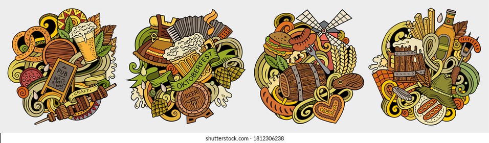 Beer fest cartoon vector doodle designs set. Colorful detailed compositions with lot of Oktoberfest objects and symbols. Isolated on white illustrations. Food and Drink banner