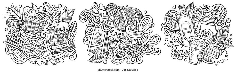 Conjunto de diseños de doodle de Vector de dibujos animados Beer Fest. Composiciones detalladas con muchos objetos y símbolos del Oktoberfest. Aislado en ilustraciones blancas. Anuncio de Comida y bebida