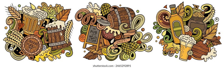 Beer fest cartoon vector doodle designs set. Colorful detailed compositions with lot of Oktoberfest objects and symbols. Isolated on white illustrations. Food and Drink banner