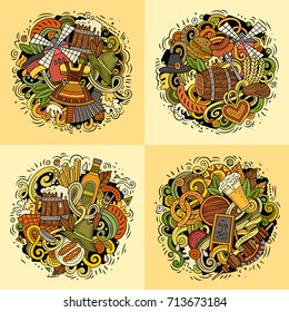Beer fest cartoon vector doodle illustration. Line art detailed designs with lot of separate objects and symbols. 4 composition set