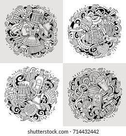 Beer fest cartoon vector doodle illustration. Line art detailed designs with lot of separate objects and symbols. 4 composition set