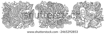 Beer fest cartoon vector doodle designs set. Sketchy detailed compositions with lot of Oktoberfest objects and symbols. Isolated on white illustrations. Food and Drink banner