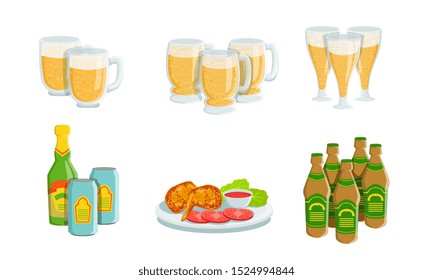 Beer Fest Elements Set, Glass Mugs of Light Beer and Appetizers Vector Illustration