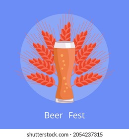 Beer fest emblem of weizen glass on background of ears of wheat vector illustration. Light alcohol drink with bubbles, symbol of Oktoberfest festival