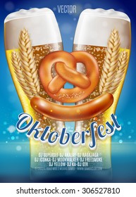 Beer Fest Flyer Background of Oktoberfest Munich Beer Festival with Pretzel , Germany Sausage , Glass of Beer and Ears of Wheat. Vector EPS 10