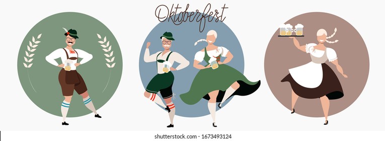 Beer fest in Germany. Oktoberfest celebration. People drinking beer and dancing. Round sticker designs for web and print. Modern hand-drawn vector illustration. Men and women in traditional costumes.