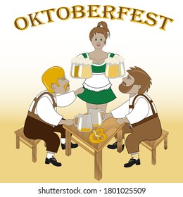 Beer fest greeting card. Two friends are drinking beer and eating pretzels. Waitress with beer mugs is nearby.