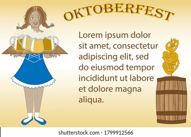 Beer fest greeting or invitation card with space for your text. Pretty girl with beer mugs, large beer barrel and pretzels.