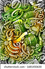 Beer Fest hand drawn doodle banner. Cartoon detailed flyer. Oktoberfest identity with objects and symbols. Watercolor vector design elements background