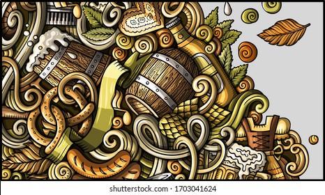 Beer Fest hand drawn doodle banner. Cartoon detailed flyer. Oktoberfest identity with objects and symbols. Color vector design elements background