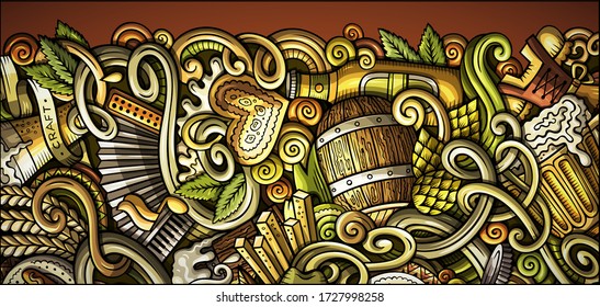 Beer Fest hand drawn doodle banner. Cartoon detailed flyer. Oktoberfest identity with objects and symbols. Color vector design elements background