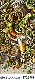 Beer Fest hand drawn doodle banner. Cartoon detailed flyer. Oktoberfest identity with objects and symbols. Color vector design elements background