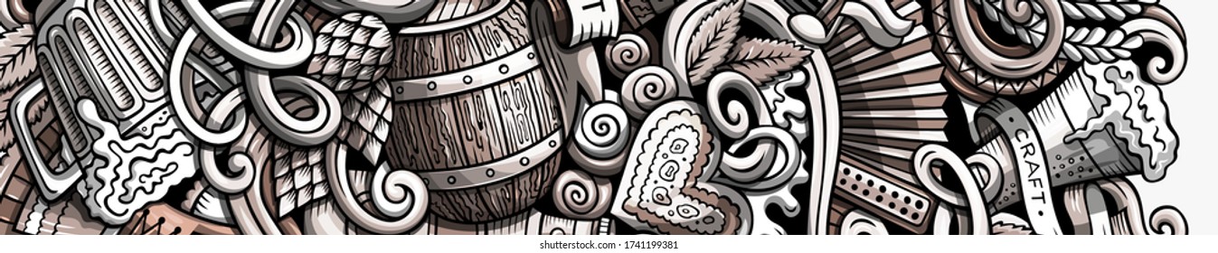 Beer Fest hand drawn doodle banner. Cartoon detailed flyer. Oktoberfest identity with objects and symbols. Monochrome vector design elements background