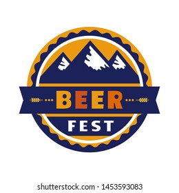 Beer fest hand drawn flat color vector icon. Beer festival, mountains silhouette fun sticker design element. Emblem isolated on white background. Brew Fest welcome flyer template cartoon illustration