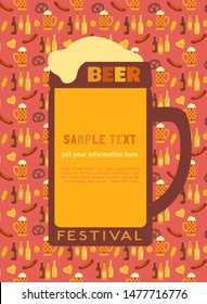 Beer fest hand drawn flat color vector poster template size A4. Beer festival design element. Text sample on brewery pattern background. Brew pub, restaurant advertisement flyer cartoon illustration