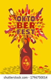 Beer fest hand drawn flat color vector poster template size A4. Beer festival design element. Oktoberfest lettering on autumn leaves fall background. Brew pub advertisement flyer cartoon illustration