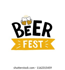 Beer Fest - hand drawn lettering with two gig glasses with yellow beer and white foam. Beer festival banner. For invitation, card, print, brochures, poster, t-shirts, mugs. Vector illustration.