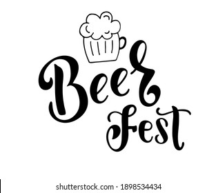 Grabación vectorial a mano del Festival de Cervezas y jarra de cerveza. Aislado sobre fondo blanco. Diseño de logotipo, pegatina, pancarta, impresión de afiches