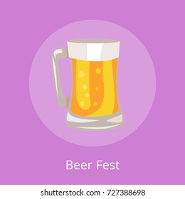 Beer fest icon of light beverage mug vector illustration isolated on purple. Traditional alcohol drink in transparent glass with handle
